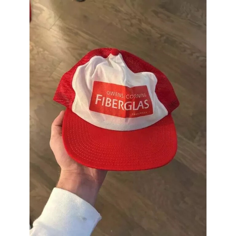 Vintage Owens Corning Fiberglas Trucker Hat Red White Mesh Back Made in USA